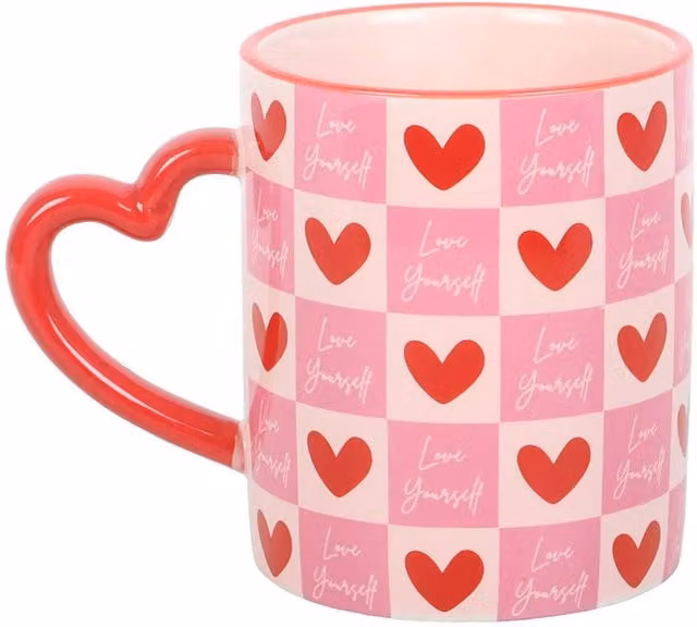 Something Different Love Yourself Checked Hearts Mug in Pink and Multicolour