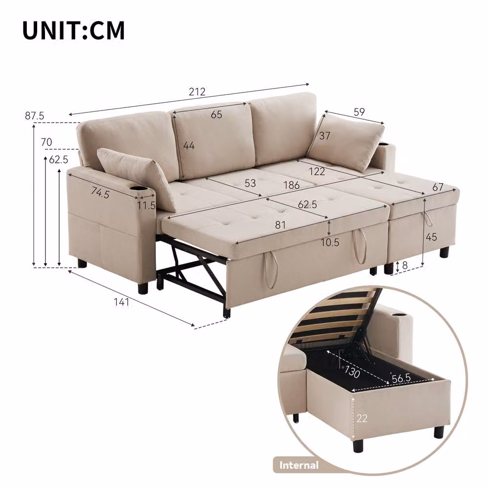 Merax 3-Seater L-Shaped Reversible Convertible Corner Sofa Bed with Storage and Cup Holders in Beige – 2
