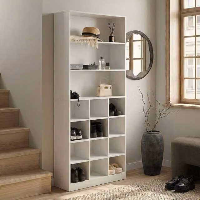 Wyld and Coco Tall White MDF Shoe Storage Cabinet with Internal Shelves W80 x D30 x H180 cm