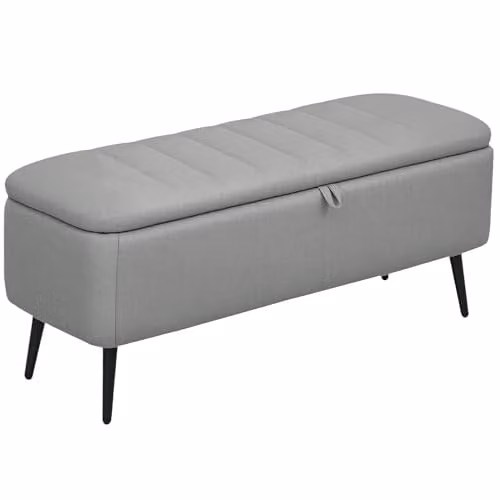 HOMCOM Grey Fabric Storage Ottoman Bench with Padded Top and Metal Legs, W/D/H: 102 x 44 x 40 cm – 1