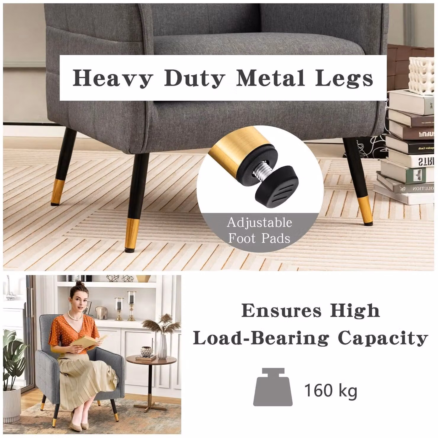 Costway Modern Upholstered Accent Armchair in Grey with Metal Frame – 8