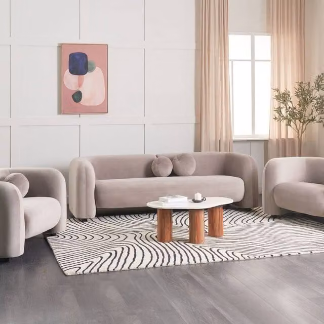 Wyld Haus Beige Velvet 5-Seater Sofa and Matching Armchair Set with Solid Wood Frame – 1