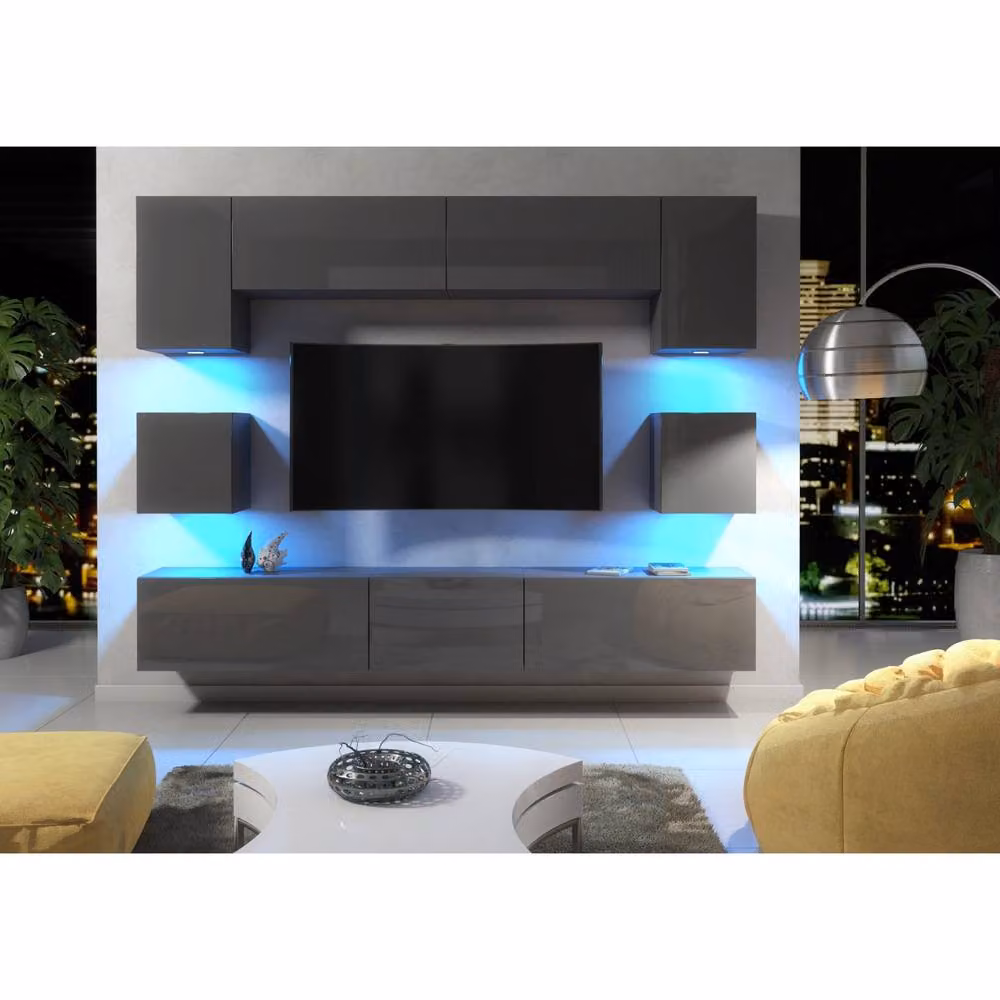 Creative Furniture Panorama Wall TV Unit in Grey with Glossy Hinged Doors and Integrated Lighting – 2