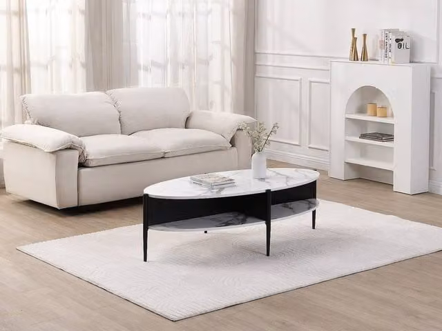 Vente-unique Oval Coffee Table with 4 Niches in White and Black MDF and Metal – 1