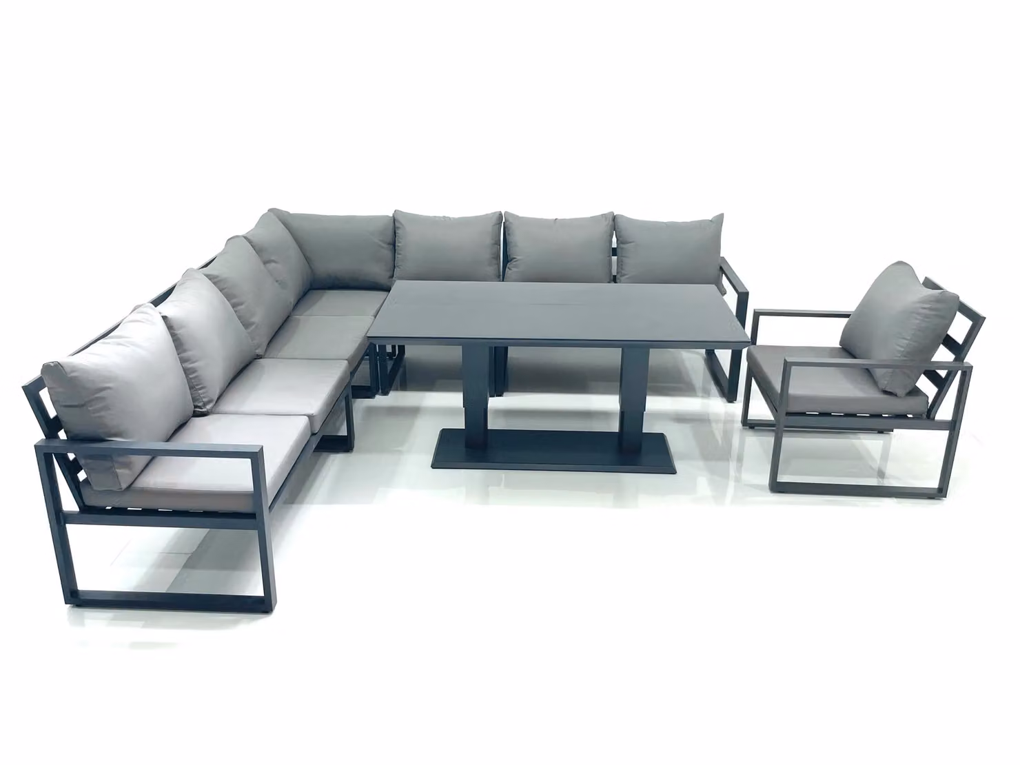 Fimous 8 Seater Outdoor Aluminum Garden Furniture Set with Corner Sofa, Chairs and Adjustable Rising Lifting Dining Table in Dark Grey – 2