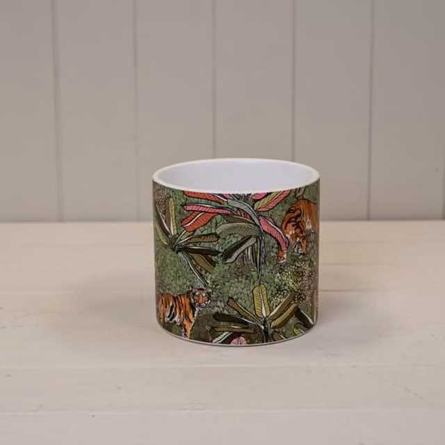 KDMD Rustic Green Jungle Floral Ceramic Round Tabletop Plant Pot in Multicolour