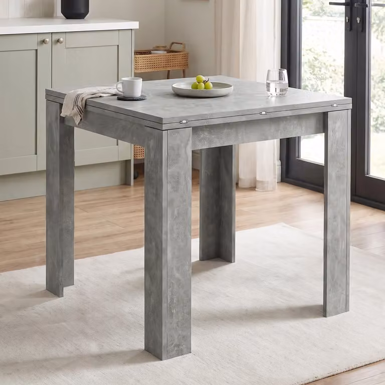 DHS Small Square Extendable Dining Table with Flip Top in Concrete Grey and White, W/D/H: 80 x 80 x 75 cm