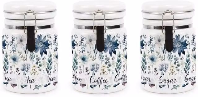 Purely Home Blue and White Floral Ceramic Tea, Coffee and Sugar Storage Canister Set