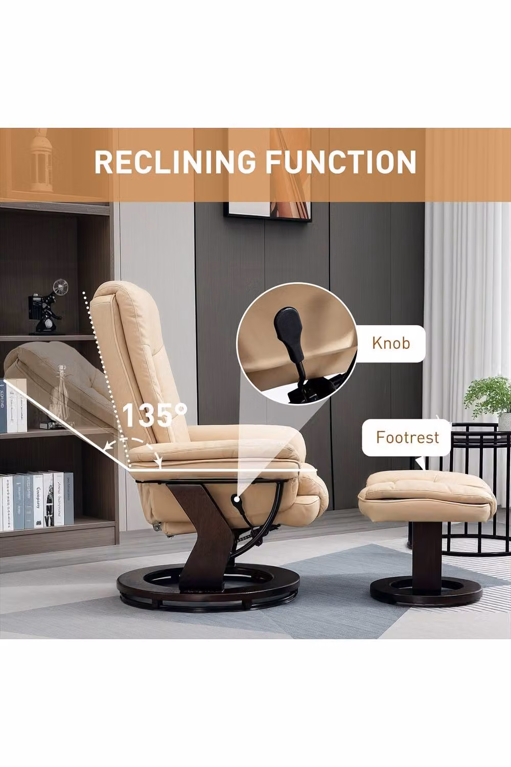 ERGOVEXA Beige Faux Leather 135 Degree Reclining Chair and Footstool Set – 2