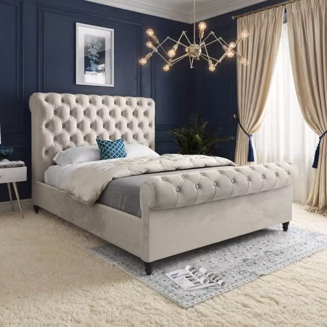 KDMD Toddington Sleigh Upholstered Designer Bed Frame in Beige Soft Velvet, Size: Double (140 x 200 cm) – 1