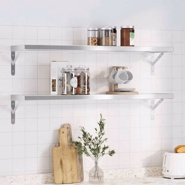 Berkfield Home Wall Mounted Shelves, 2 Pack, Silver Stainless Steel, W: 100 cm, D: 23.5 cm, H: 3 cm