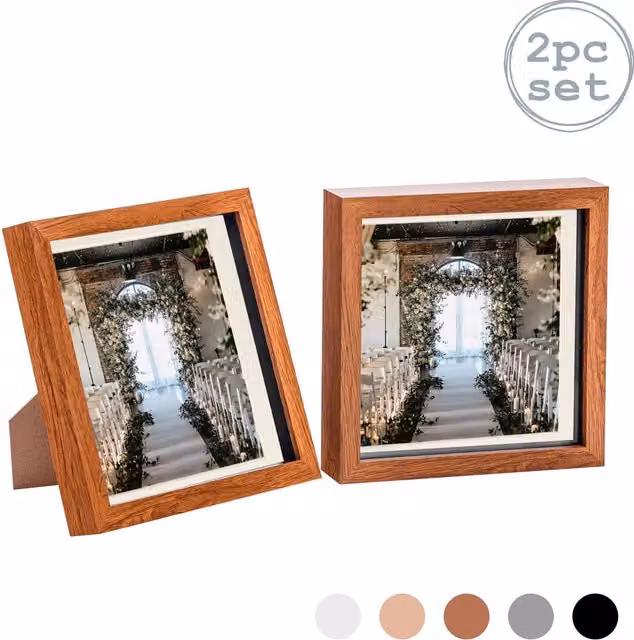 Nicola Spring Pack of 2 Square 3D Box Photo Frames in Brown and White, W/H: 20.32 x 20.32 cm