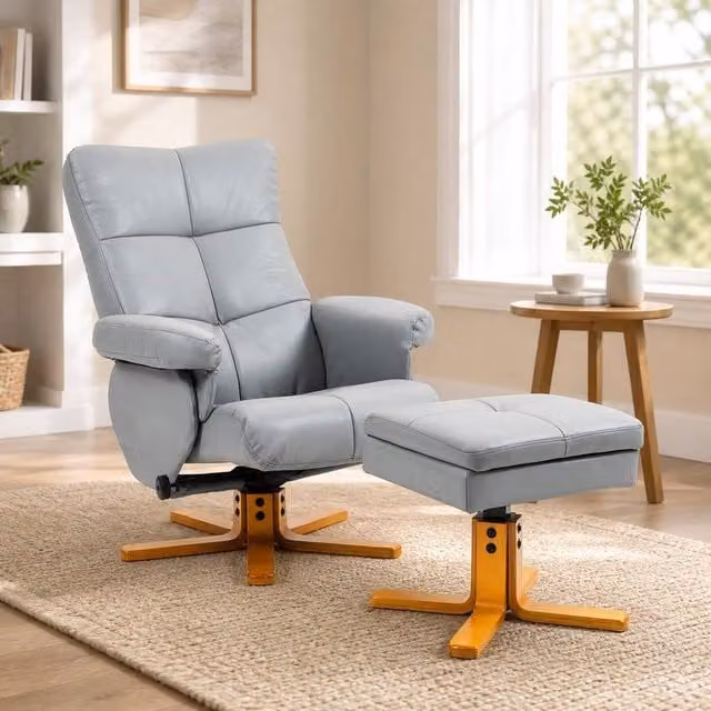 STILVORA Grey Synthetic Leather Recliner Chair with Matching Ottoman and 360 Degree Swivel Function