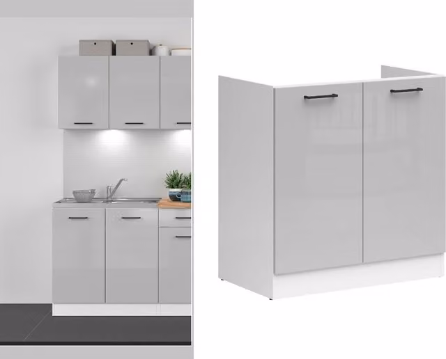 Junona Modern Freestanding Under Sink Kitchen Cabinet in Light Grey Gloss and White Matt