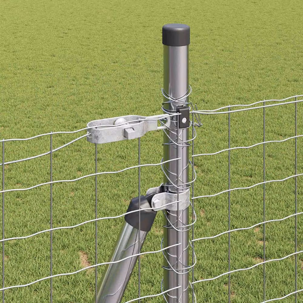 Berkfield Home 7-Piece Set of Round Galvanised Steel Fence Posts with Base Plates in Silver, H: 88.5 cm, Diameter: 3.2 cm – 2