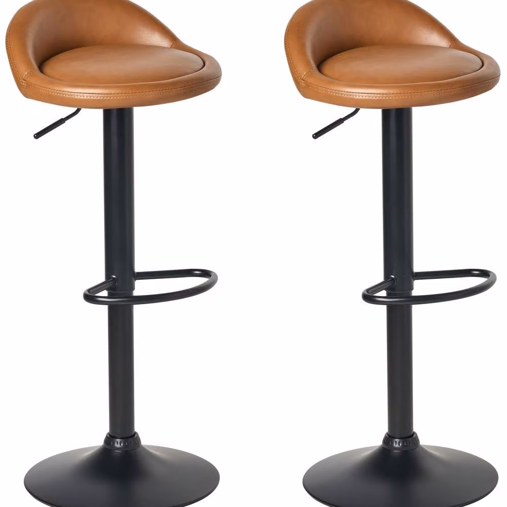 Wyld and Coco Set of 2 Golden Brown Faux Leather Bar Stools with Swivel and Adjustable Height – 2