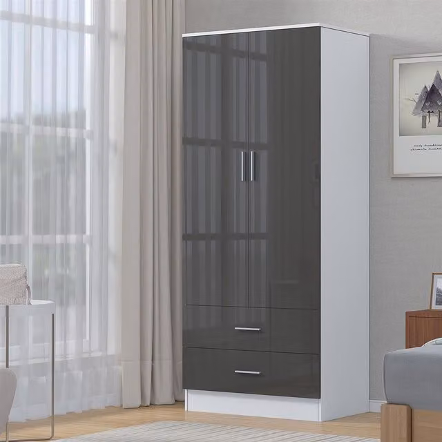 REFLECT 2 Door 2 Drawer Wardrobe with Soft Close Doors in Grey High Gloss and White Matt Finish