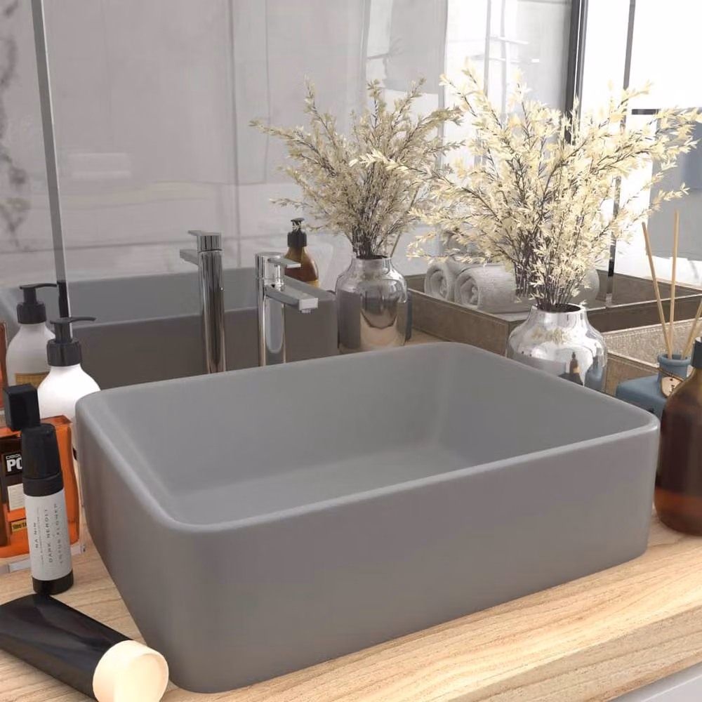 Berkfield Home Luxury Ceramic Countertop Wash Basin in Matt Light Grey, W: 41 cm, D: 30 cm, H: 12 cm – 2