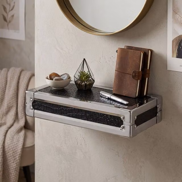 Orsina Black Textured Crocodile Leather Wall Shelf with Mirror and MDF Build