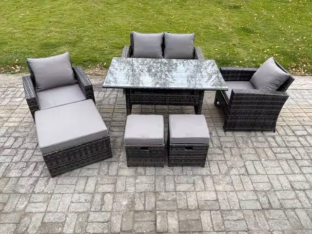 Fimous 7 Seater Rattan Garden Furniture Set with Rectangular Glass Dining Table in Dark Grey