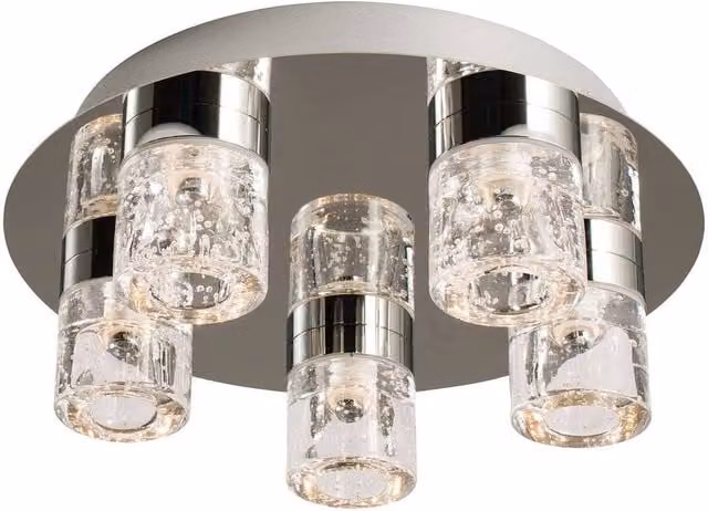 Endon Imperial 5 Light Round Bathroom Flush Ceiling Light in Chrome with Grey Glass Bubbles, IP44