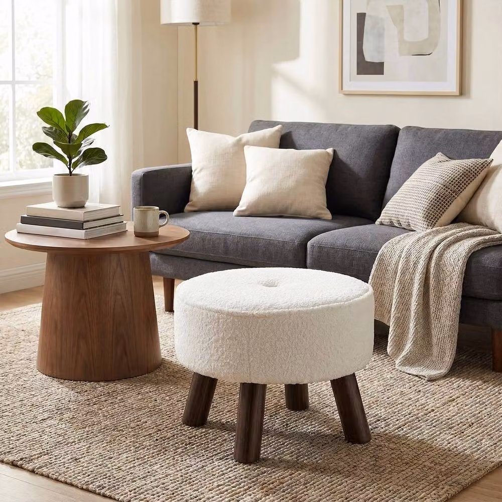 KORVIXA Teddy Velvet Cylindrical Footstool in White, W/D: 100 x 100 cm – 2
