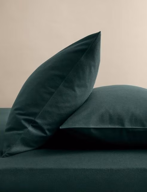 M&S 2 Pack Pure Cotton Brushed Flannel Pillowcases in Bottle Green