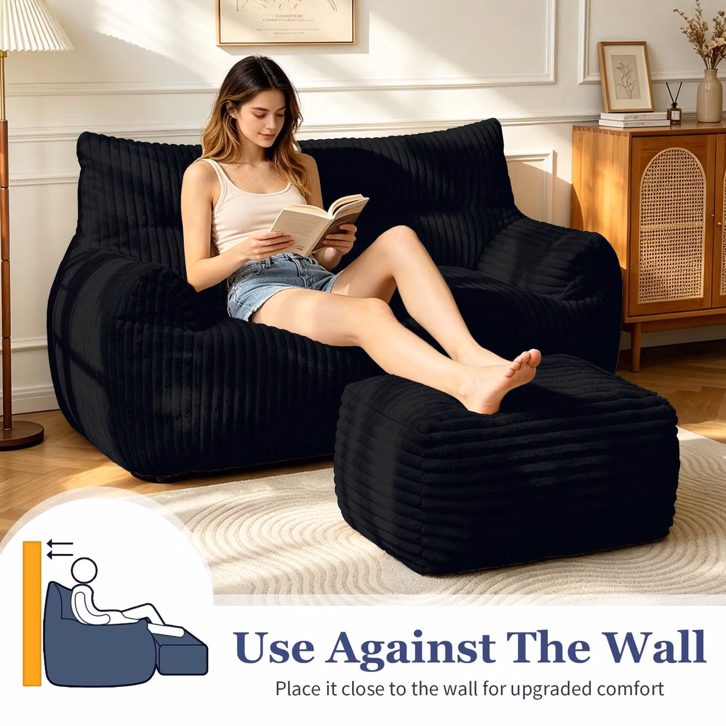 Aosom UK Oversized 2-Seater Corduroy Sofa with Matching Ottoman, Black, W/D/H: 135 x 100 x 75 cm – 5