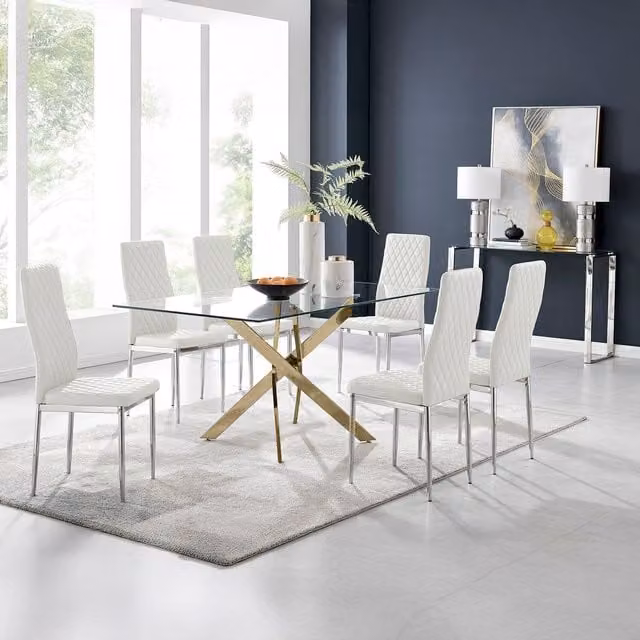 FurnitureboxUK Leonardo Gold Dining Table with Six Milan Chairs in White