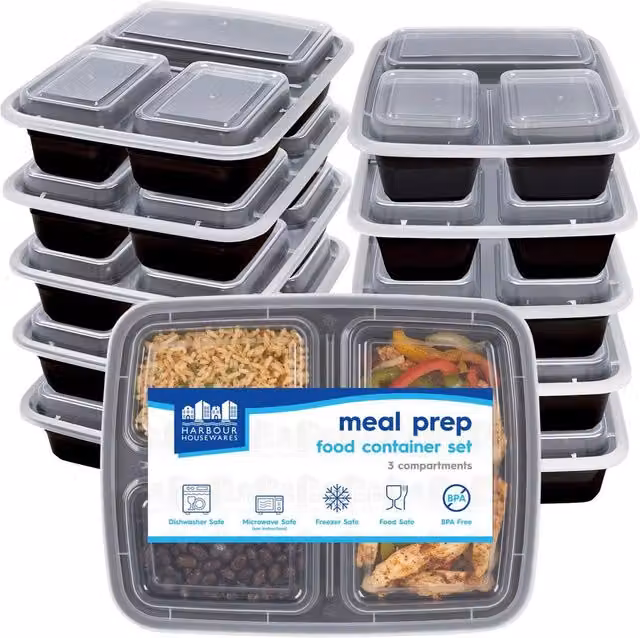 Harbour Housewares Reusable 3 Compartment Meal Prep Containers with Snap Lids, 975ml, Pack of 10, Black – 2