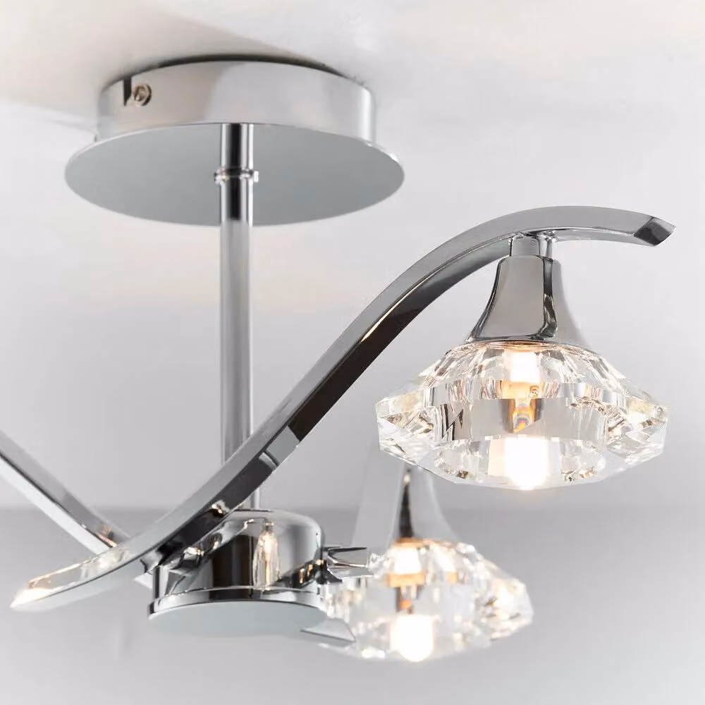 Loops Semi Flush Ceiling Light in Chrome with Clear Crystal, 3 Bulb Design – 2