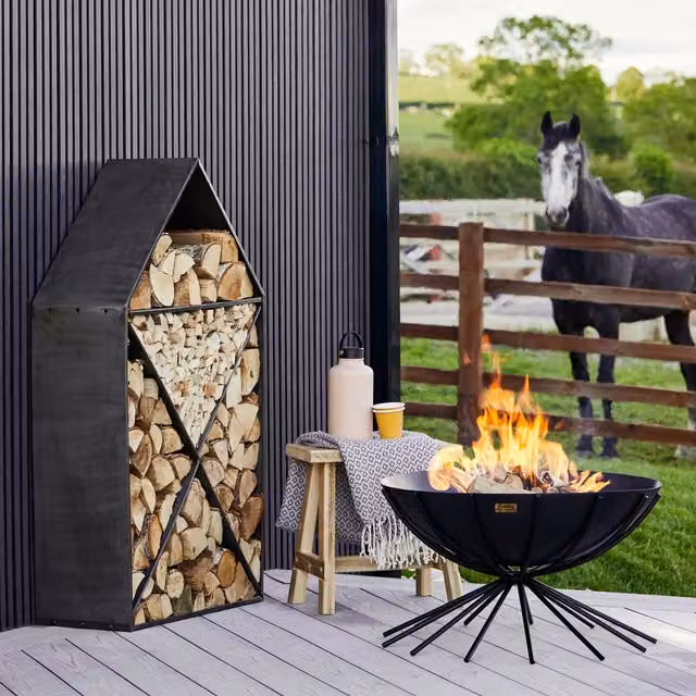 Ivyline House Sculptural Log Storage in Black Metal, H125 x W70 x D30 cm