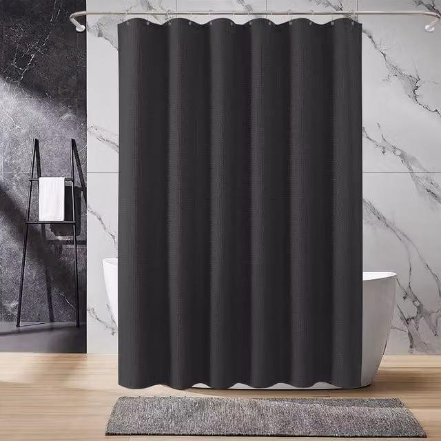INHOUSOLU Black Waffle Weave Polyester Shower Curtain with Weighted Hem and Hooks, Width: 184 cm