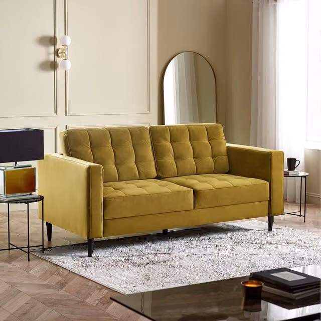 Furniturebox Juno 3-Seater Velvet Sofa in Yellow with Solid Wood Frame and Scatter Cushions
