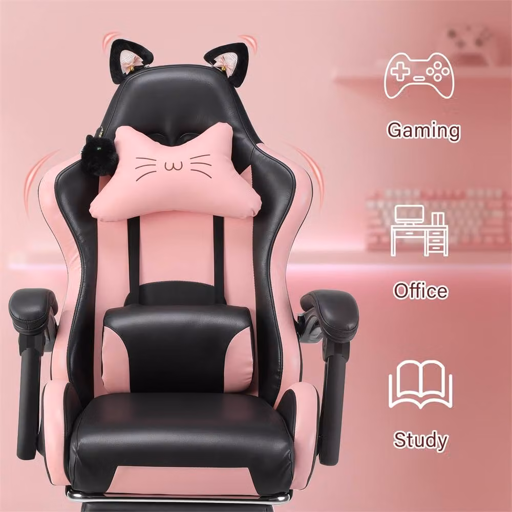 NESTLUNE Pink and Black Gaming Chair with Cat Ears and Headrest – 5