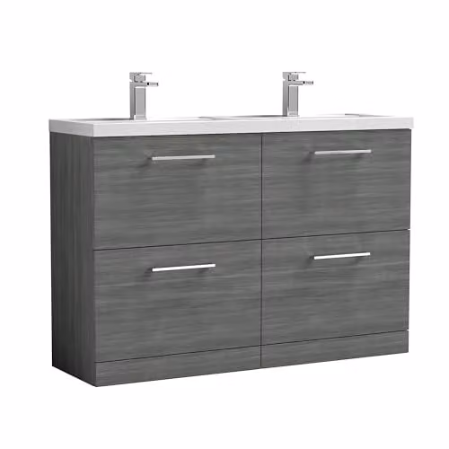 Balterley Woodgrain Anthracite Floor Standing Twin Basin Vanity Unit with 4 Soft Close Drawers and Rectangular Sinks, W/D/H: 120.5 x 38.3 x 84.0 cm