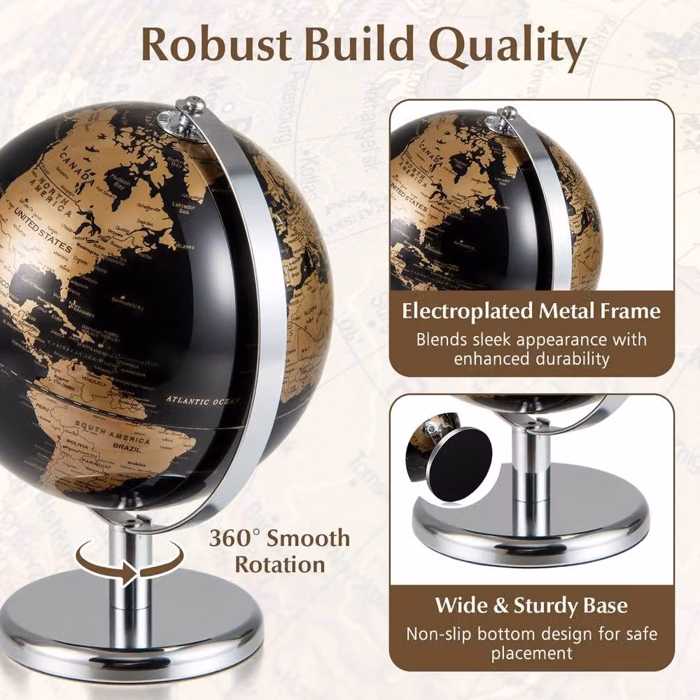 Costway Rotating World Earth Globe with Metal Stand in Black, 20 cm – 8
