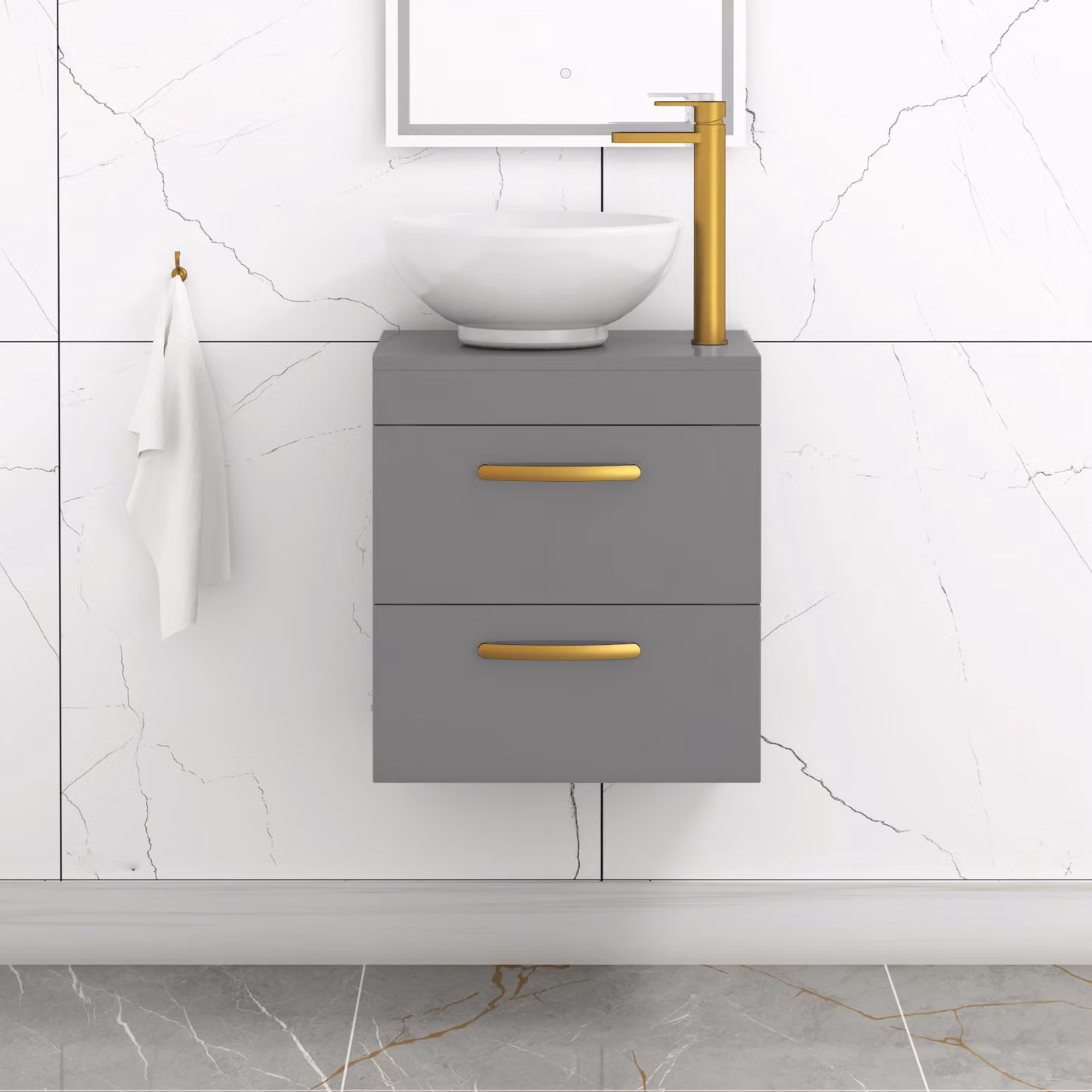 Royal Bathrooms 500mm Wall Hung 2 Drawer Vanity Unit in Indigo Grey Gloss with Breeze Countertop Basin and Brushed Brass Handle