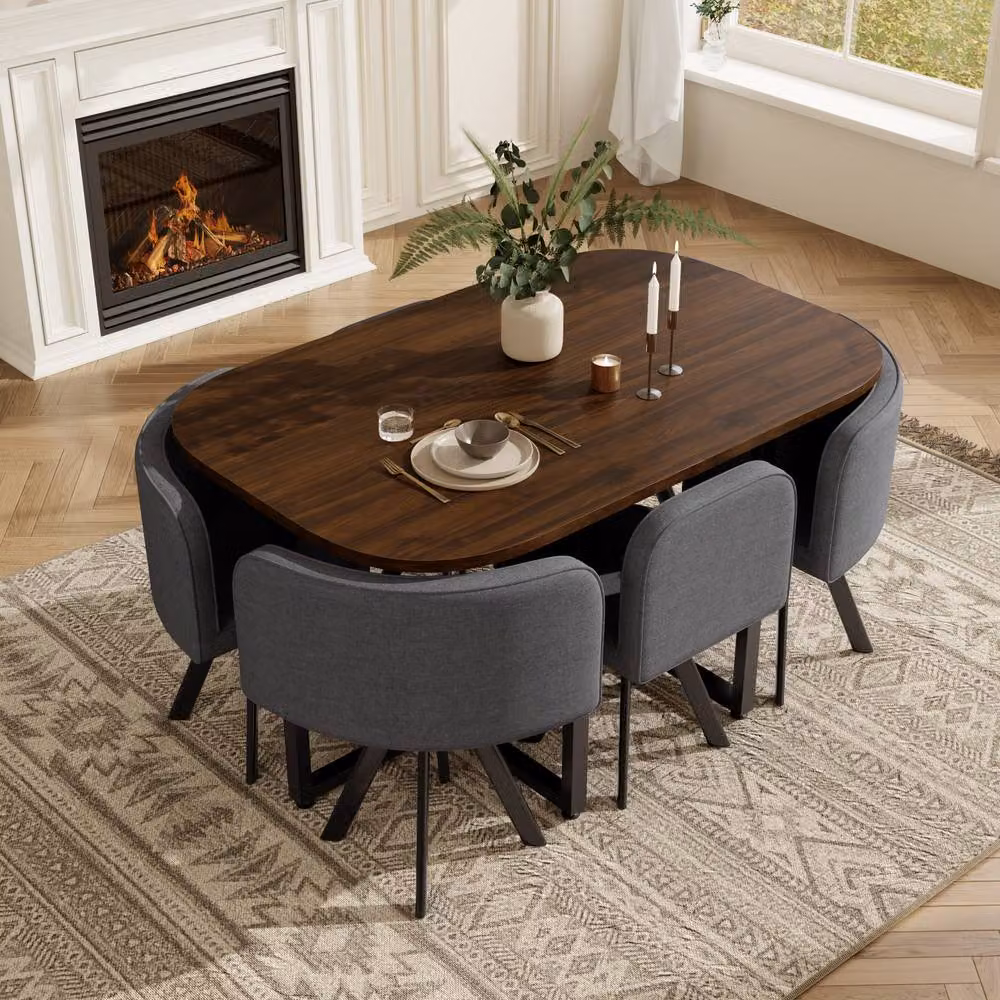 Merax 6-Seater Modern Oval Dining Table and Chairs Set in Walnut Effect with Brown, Grey and Black Finishes, W/D/H: 140 x 90 x 73 cm – 2