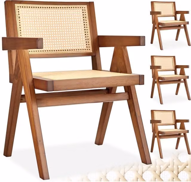 TECTAKE Mid-Century Dining Chair with Rattan Backrest and Solid Oak Wood Frame in Brown and Black, Height: 82.5 cm