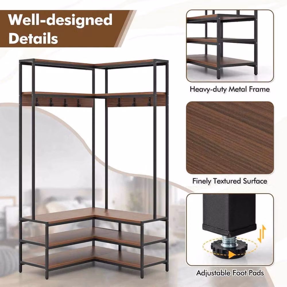 VOGREX Walnut L-Shaped Corner Hall Tree with Shoe Bench and Metal Hooks in Brown and Black – 3
