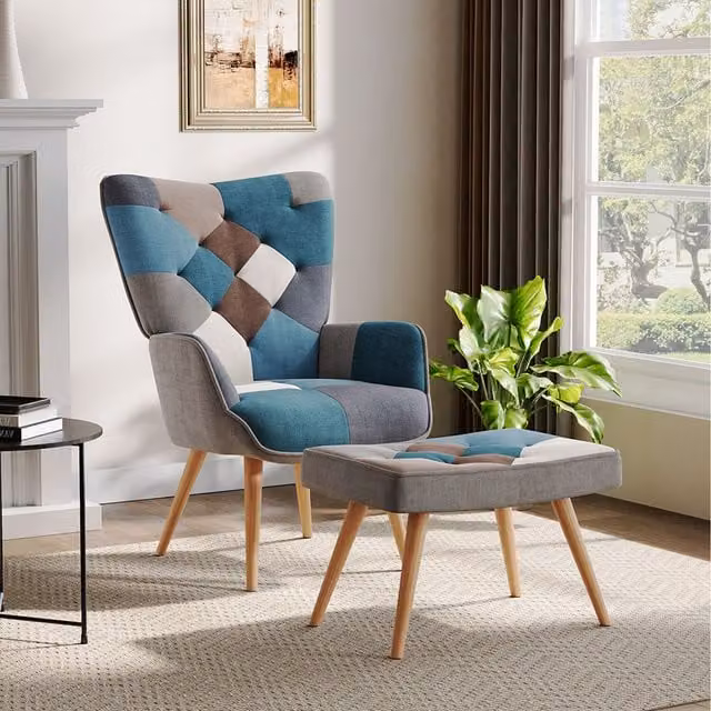 Komore Mid-Century Fabric Lounge Armchair with Matching Ottoman in Blue, Grey and Multicolour