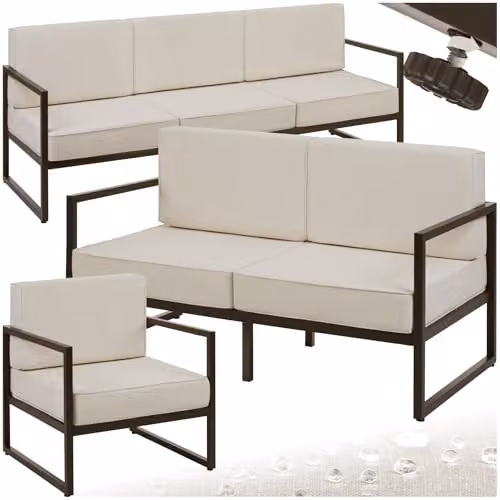 tectake Minimalist Garden Furniture Set with Powder Coated Steel Frames, Including 1 x 3-Seater Sofa, 1 x 2-Seater Sofa, 1 x Lounge Armchair and Upholstered Foam Cushions with Removable Covers