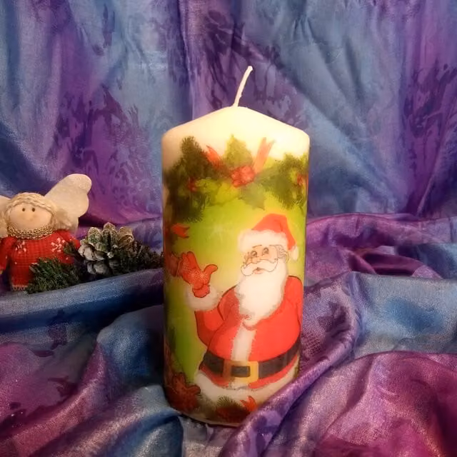 Viki Christmas Santa Pillar Candle in White and Multicolour