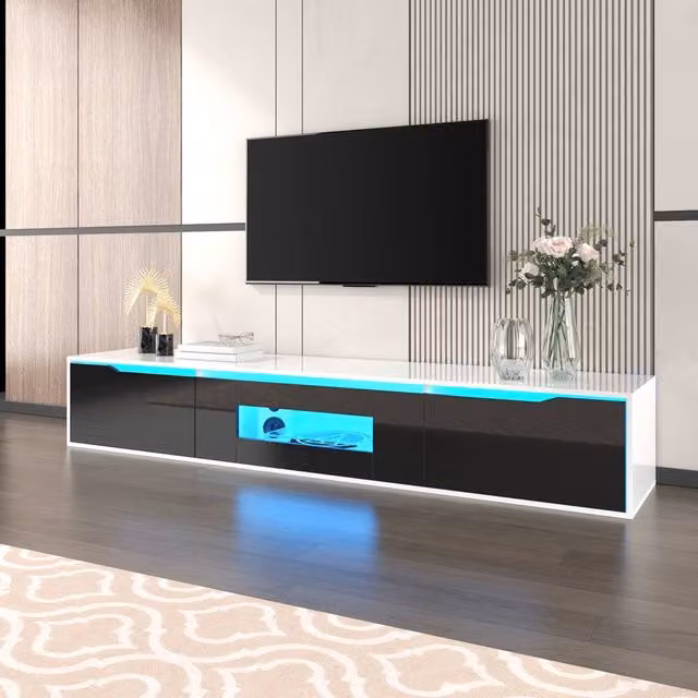 Merax Wall-mounted High-Gloss TV Cabinet with Colour-Changing LED Lights in Black, W: 180 cm, D: 35 cm, H: 30 cm – 1