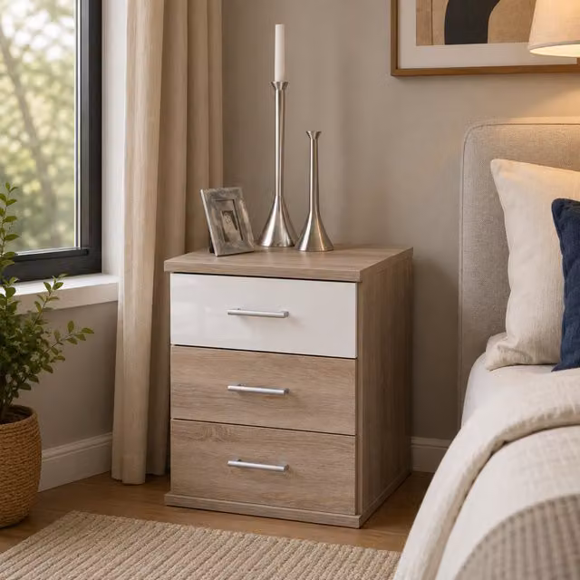 KDMD Modern Oak and White 3 Drawer Bedside Cabinet