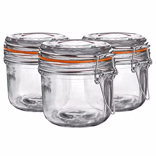 Argon Tableware Glass Storage Jars with Airtight Stainless Steel Clip Lids, 200ml, Set of 6, Transparent with Orange Seals