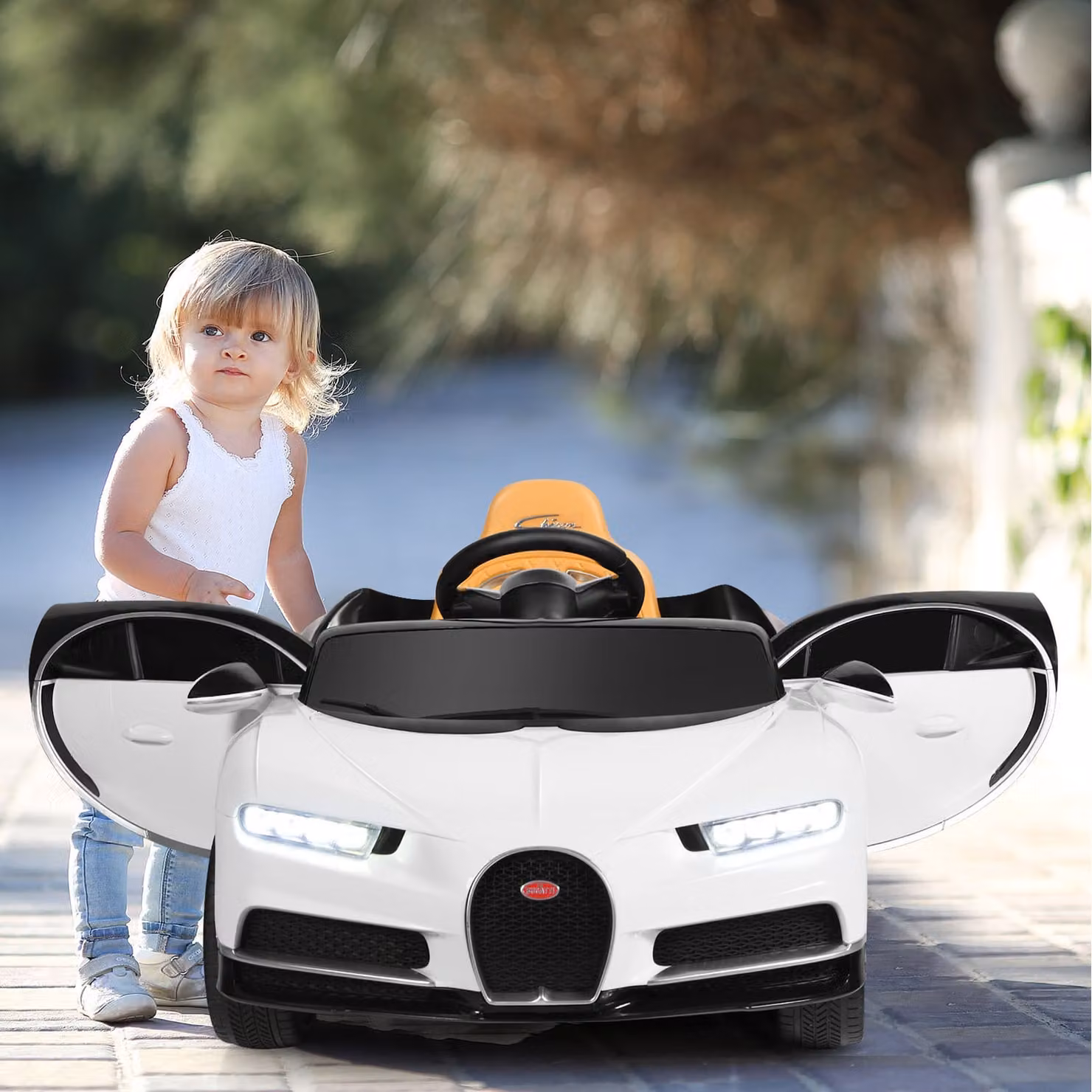 Costway 12V Bugatti Electric Kids Ride On Car with Light and Sound, White – 2