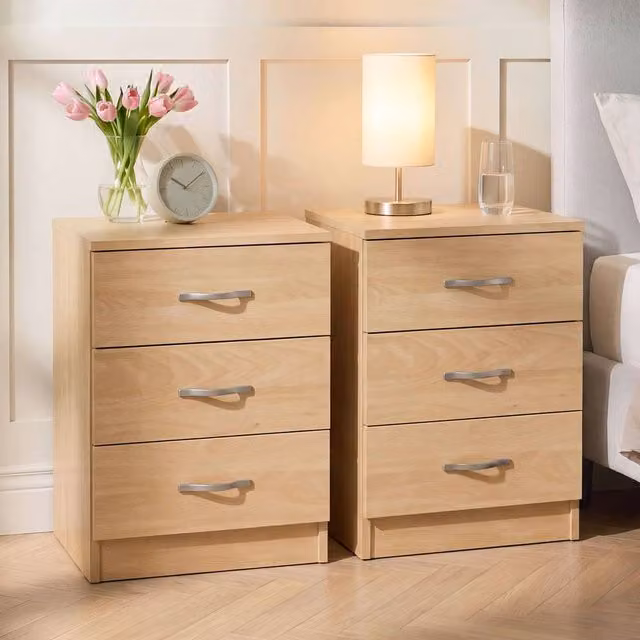 Vida Designs Riano 3 Drawer Bedside Chest Set of 2 in Natural Brown Wood – 1
