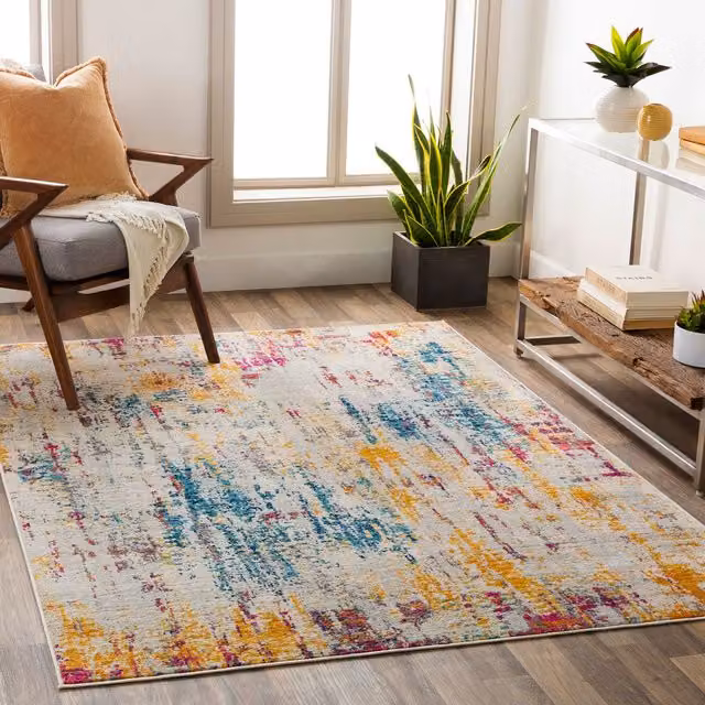 Livabliss Floransa Modern Abstract Marble Living and Dining Room Rug in Grey, Pink, Yellow and Blue, W: 80 cm, L: 220 cm